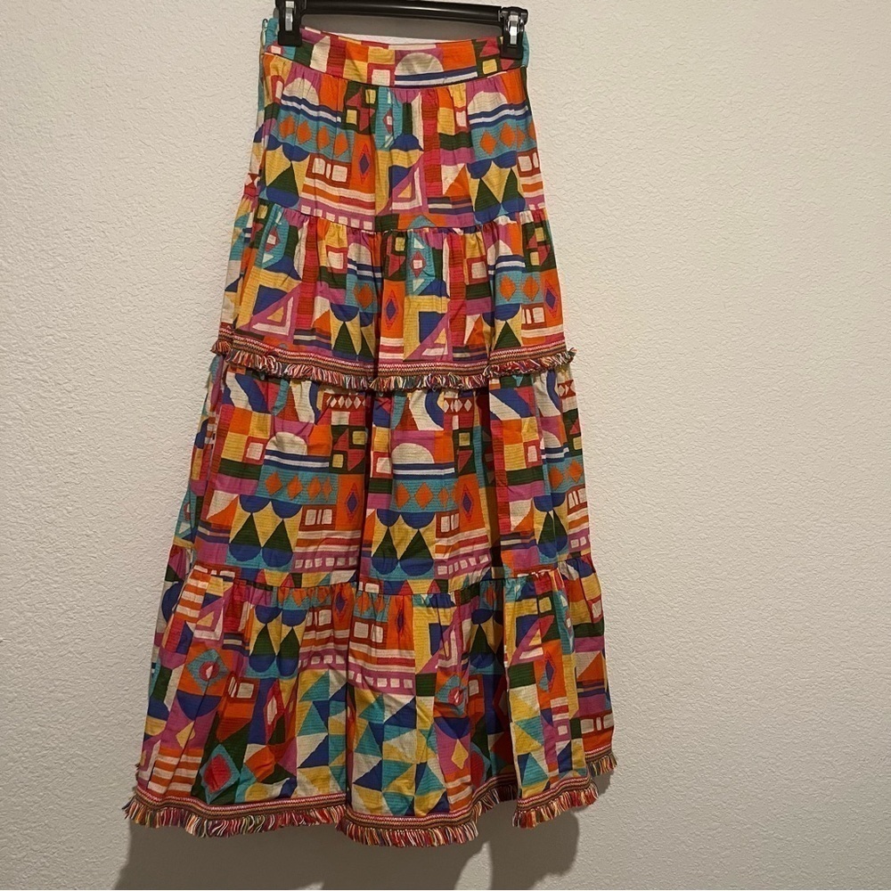 ANTONIO MELANI Giuliana Geometric Print Fringe Hem Cotton A-Line Skirt Size 0 - Picture 5 of 9